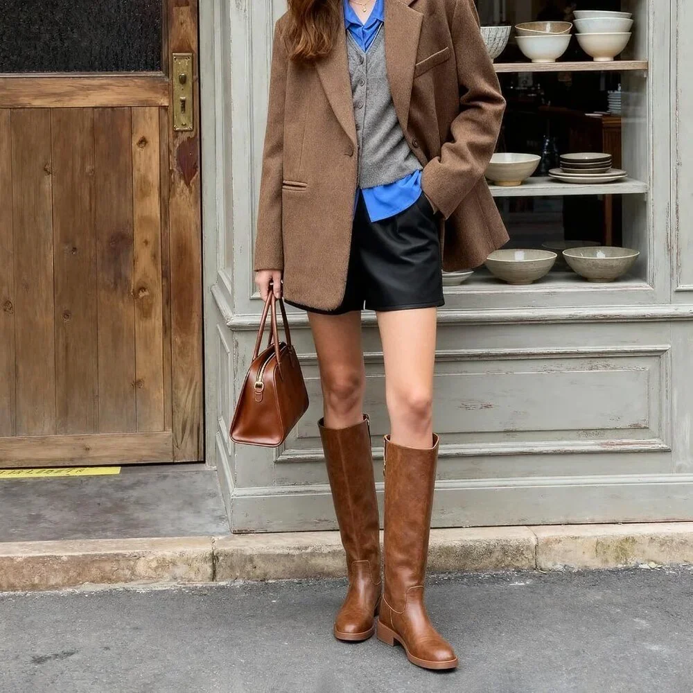 Women's A-brown Chunky Low Heel Pull On Riding Comfortable Knee High Boots